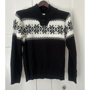 H2H‎ Mens Shawl Collar Fair Isle Snowflake Sweater Black White Size L
